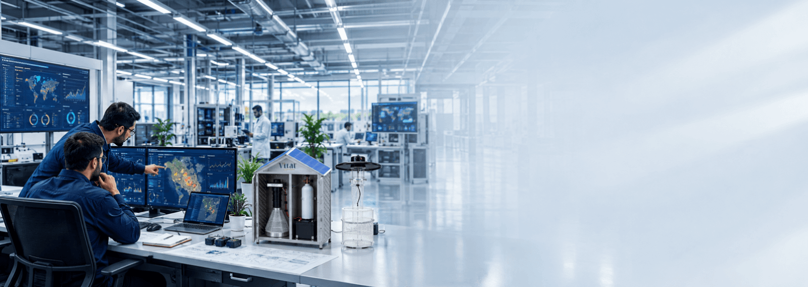 An automated production line inside a factory, with a robotic arm, control displays and measurement units