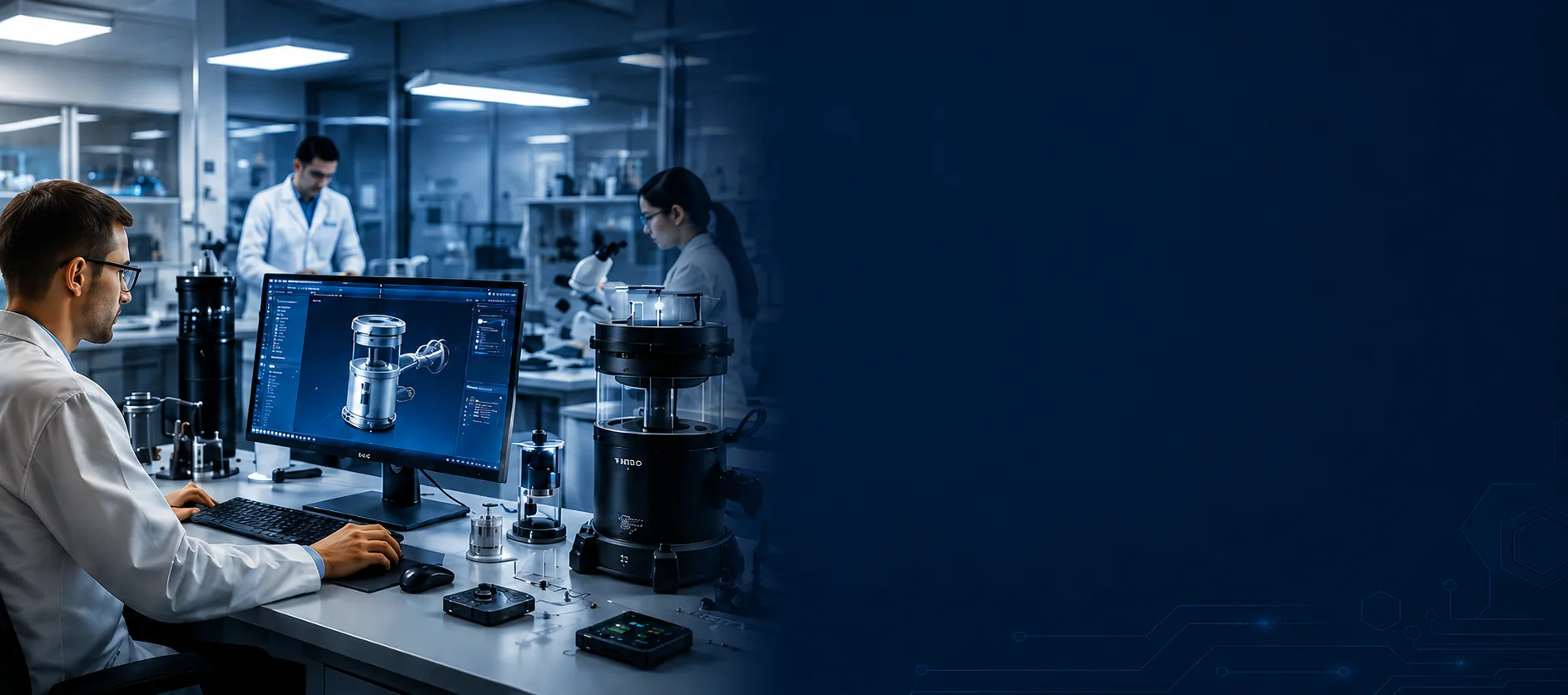 Researchers in the company laboratory working on a 3D model of one of the products