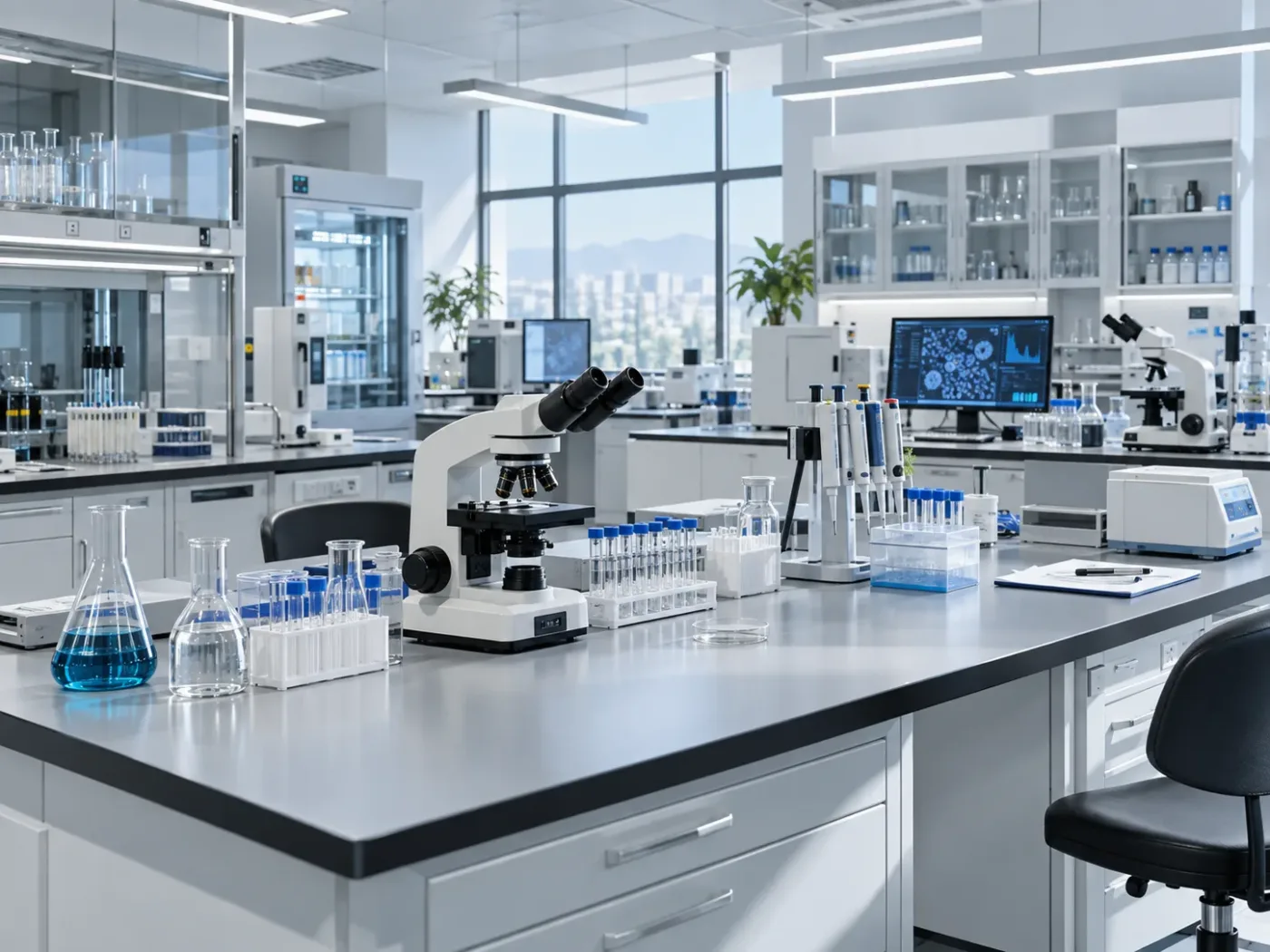 A modern, fully equipped laboratory with microscopes, testing devices, monitoring equipment, and essential laboratory tools.
