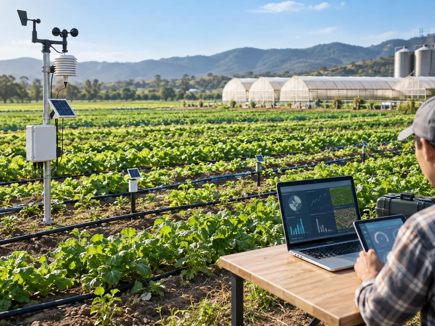 A modern farm using smart agriculture technologies, featuring advanced irrigation systems, soil and weather sensors, and a digital platform for monitoring agricultural data.